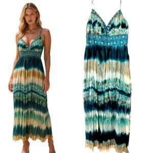 VTG. Y2K XSCAPE 100% SILK BEADED FLOWY MERMAID MAXI FORMAL DRESS SZ. 12 L‎ NWOT